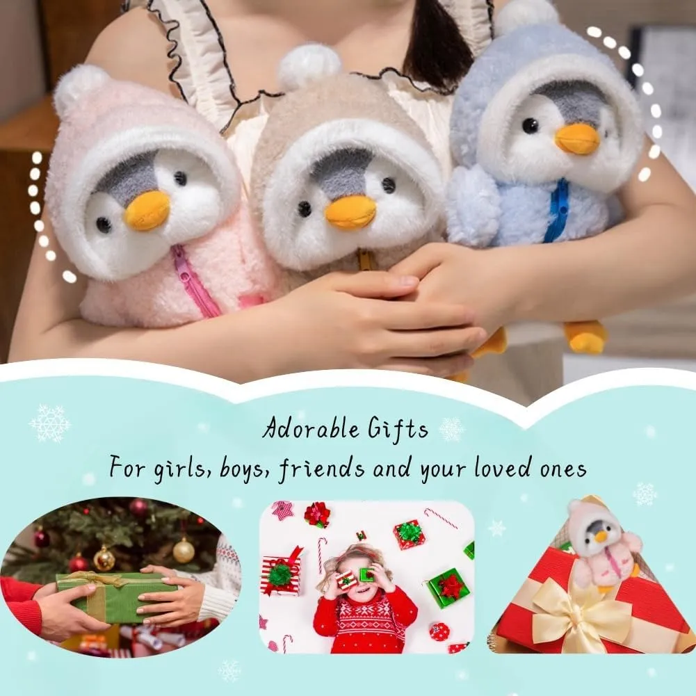 Christmas Plush Stuffed Animal 9.8'' Cute Stuffed Penguin Plush Toy with Fuzzy Fleece Jacket and Hat Little Penguin Plush Doll for Boys and Girls Birthday (Brown)