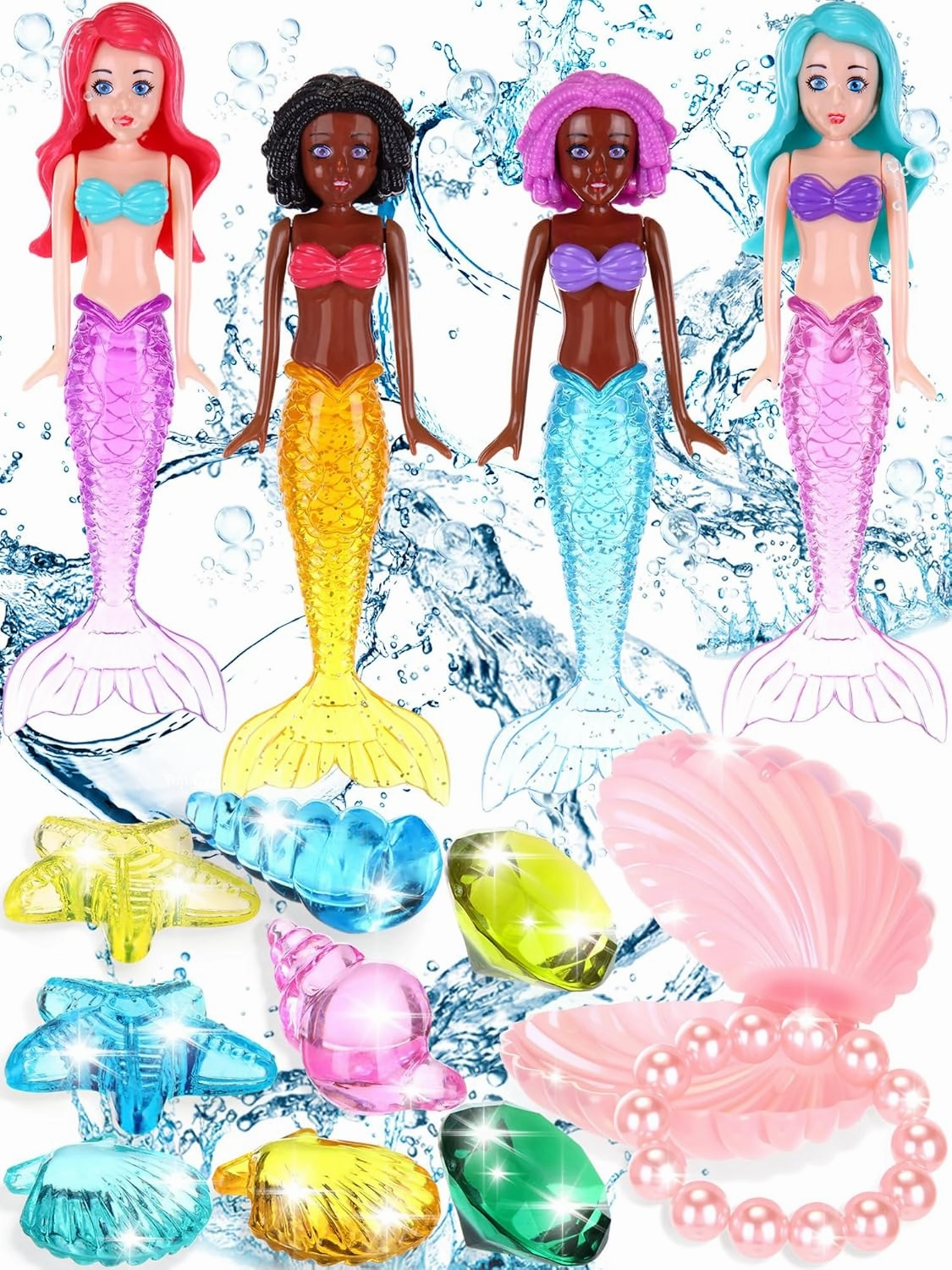 Civaner 14 Pcs Diving Toys Set for Kids Pool Mermaid Dive Bath Toys with Shell Treasure Chests Swimming Pool Games Summer Swim Water Sinking Mermaid Doll for Toddlers Girls Boys Beach Underwater Gift