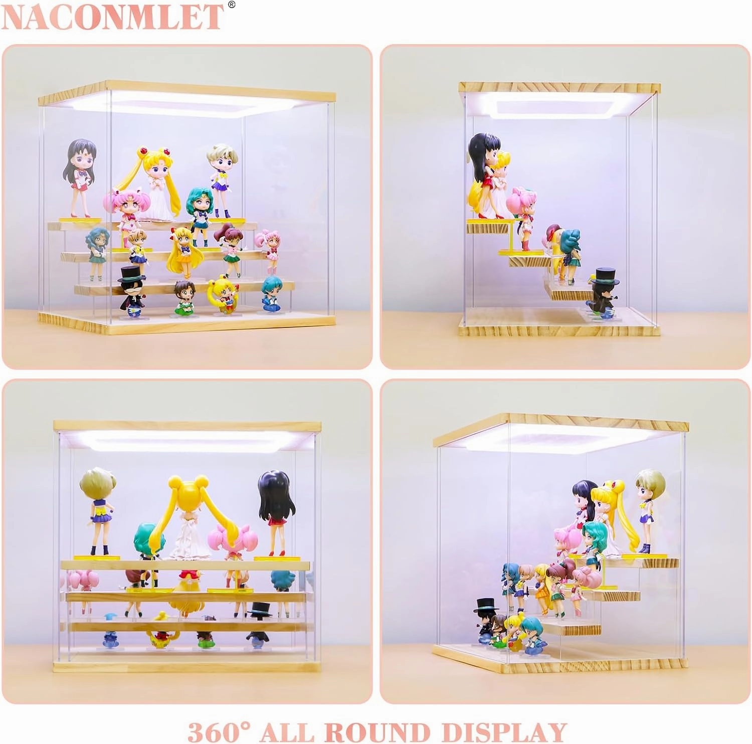 Clear Acrylic Display Case for Action Figure Pop mart Display- Funko Pop Dustproof Showcase with Lighting,Multiple Layers for Collectibles(4 Tier-W*D*H-12.6"x9.4"x11.7"inches)