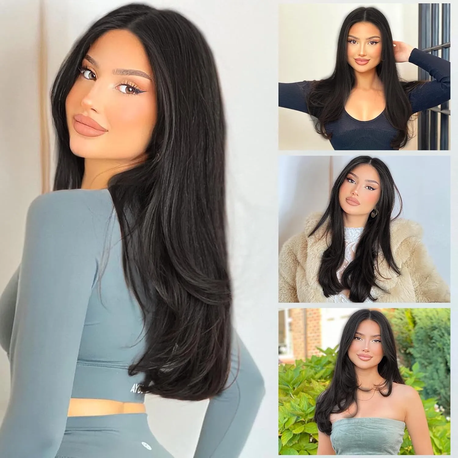 Clip in Hair Extensions Layered Synthetic Hair Extensions 20 Inch Straight Natural Black Hair Extension Hairpieces Fiber Thick Double Weft for Women