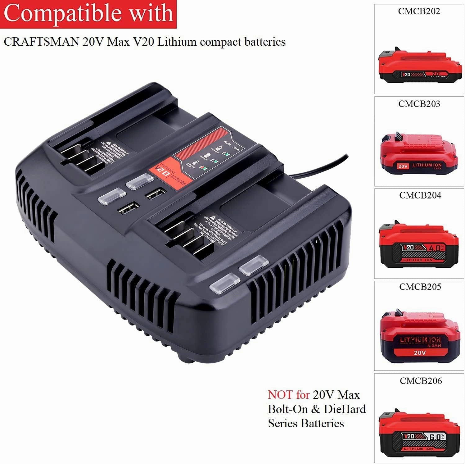CMCB124 Dual Port V20 Battery Fast Charger Replacement for Craftsman 20V MAX Lithium CMCB202 CMCB204 CMCB206 with 2 USB Ports Black