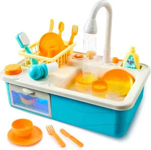 Color Changing Play Sink Kitchen Toys - Pretend and Play Toddler Toy with Running Water, Electric Dishwasher and Chopping Sounds - Automatic Water Cycle System Birthday Gift for Girls Boys