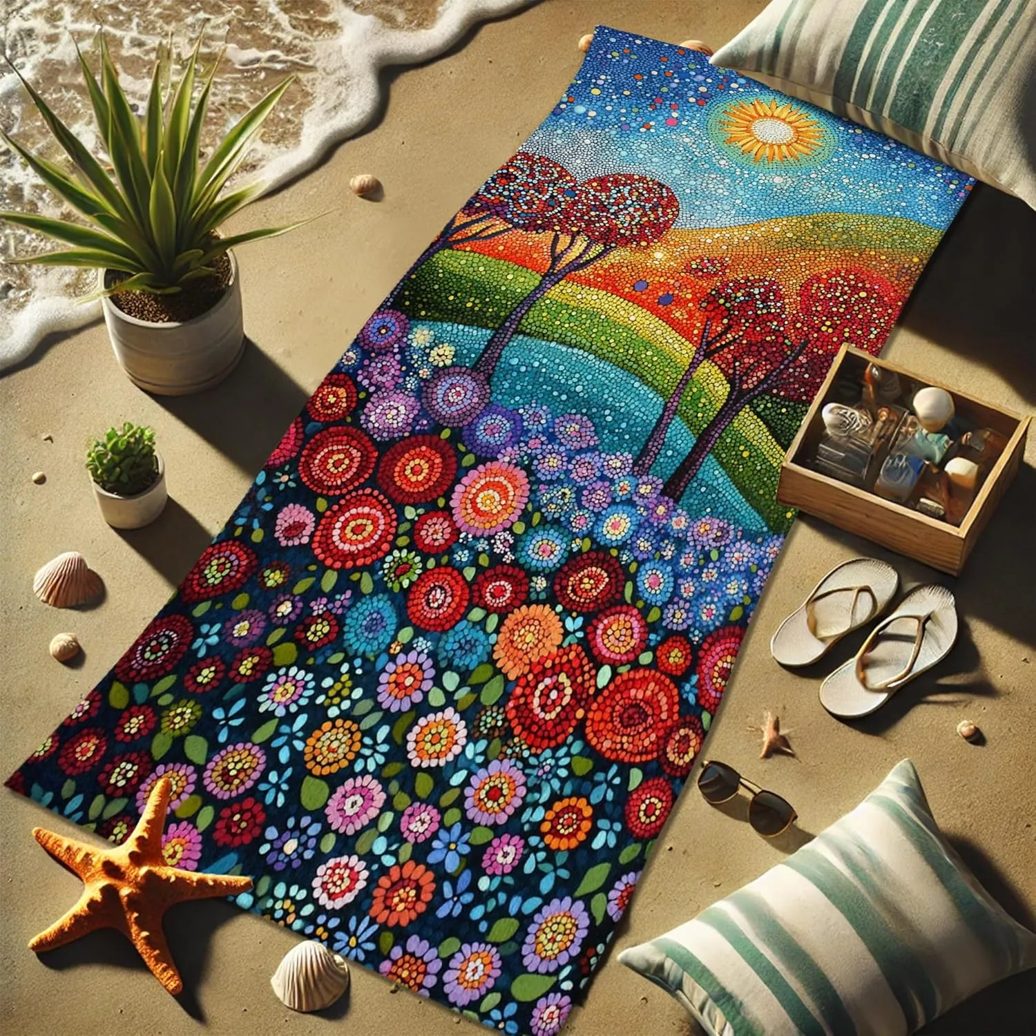 Colorful Dot Art Beach Towel Vibrant Sun and Tree Design Quick Dry Absorbent Sand Free Soft Lightweight Beach Blanket for Vacation Pool Picnic Essentials 62x31 Inch