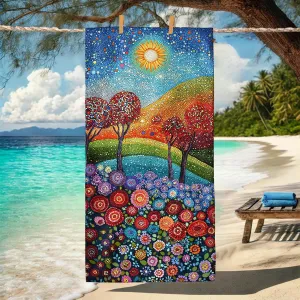 Colorful Dot Art Beach Towel Vibrant Sun and Tree Design Quick Dry Absorbent Sand Free Soft Lightweight Beach Blanket for Vacation Pool Picnic Essentials 62x31 Inch