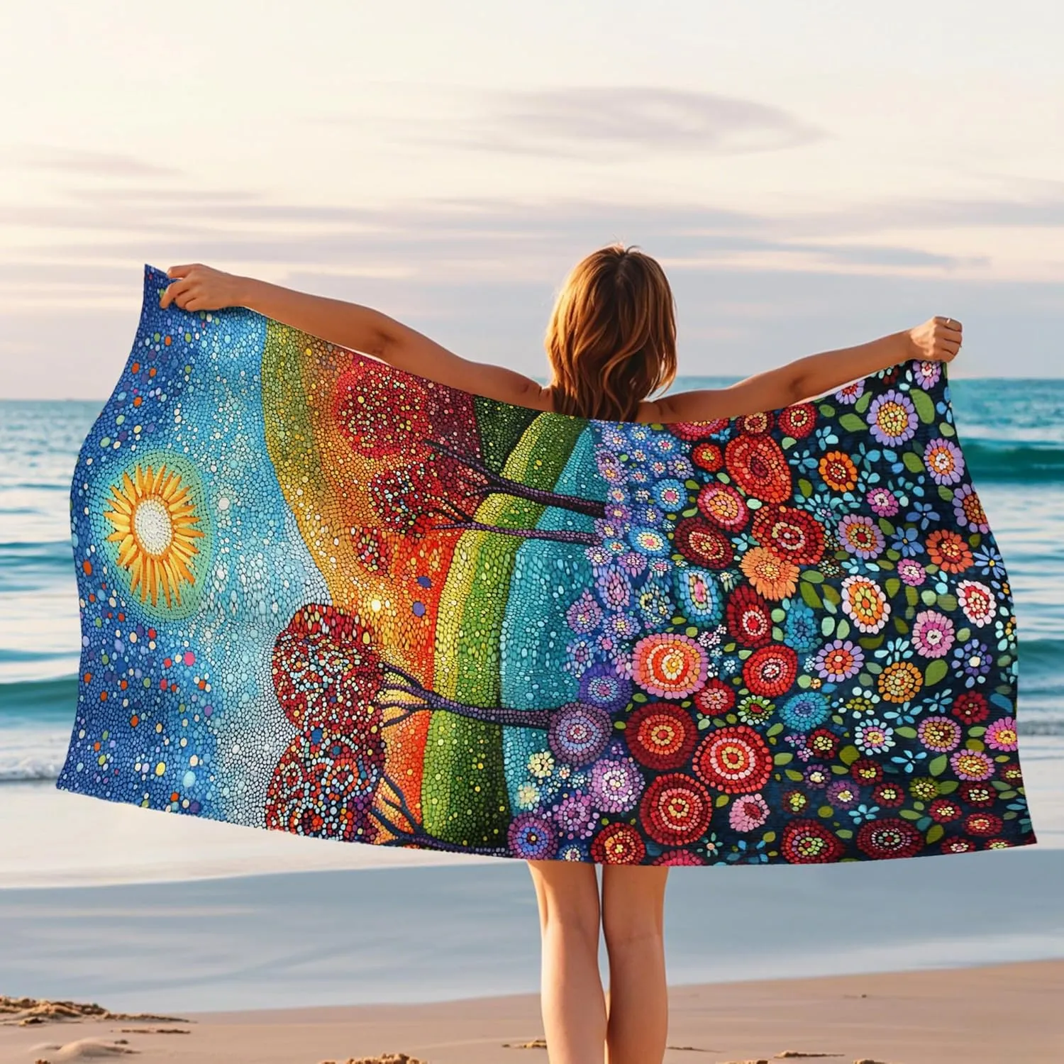 Colorful Dot Art Beach Towel Vibrant Sun and Tree Design Quick Dry Absorbent Sand Free Soft Lightweight Beach Blanket for Vacation Pool Picnic Essentials 62x31 Inch