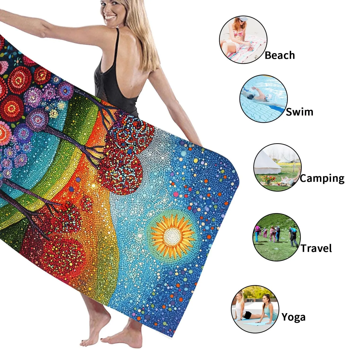 Colorful Dot Art Beach Towel Vibrant Sun and Tree Design Quick Dry Absorbent Sand Free Soft Lightweight Beach Blanket for Vacation Pool Picnic Essentials 62x31 Inch