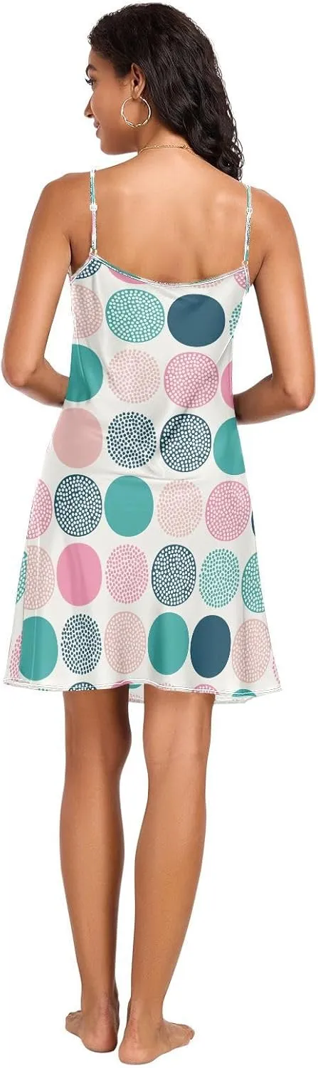 Colorful Polka Dots Lingerie Slip Dress, Satin Cami Sleep Dress, Sleeveless Night Shirts for Woman, S