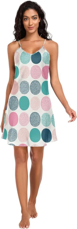 Colorful Polka Dots Lingerie Slip Dress, Satin Cami Sleep Dress, Sleeveless Night Shirts for Woman, S