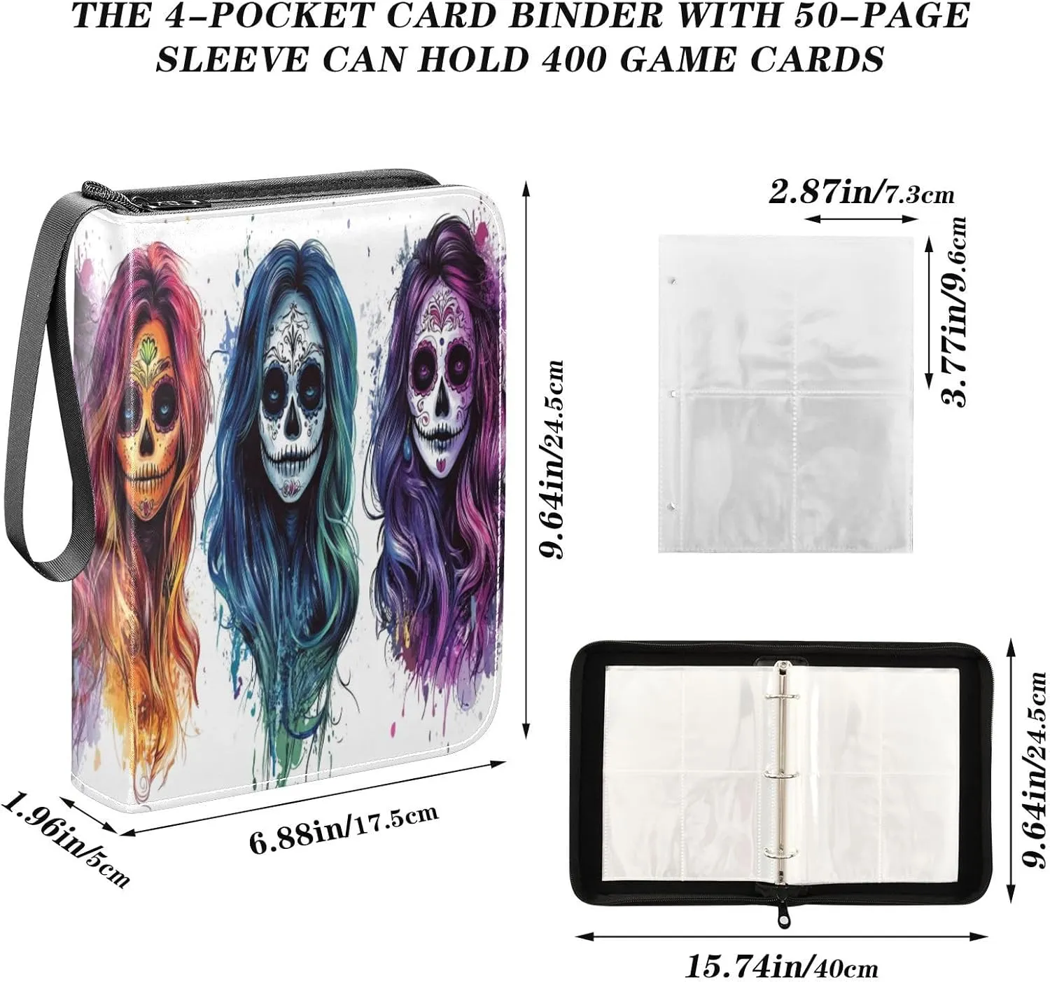 Colorful Skulls Small Card Binder 4-Pocket Collector Card Album Fits 400 Cards for Baseball Card, Football Card
