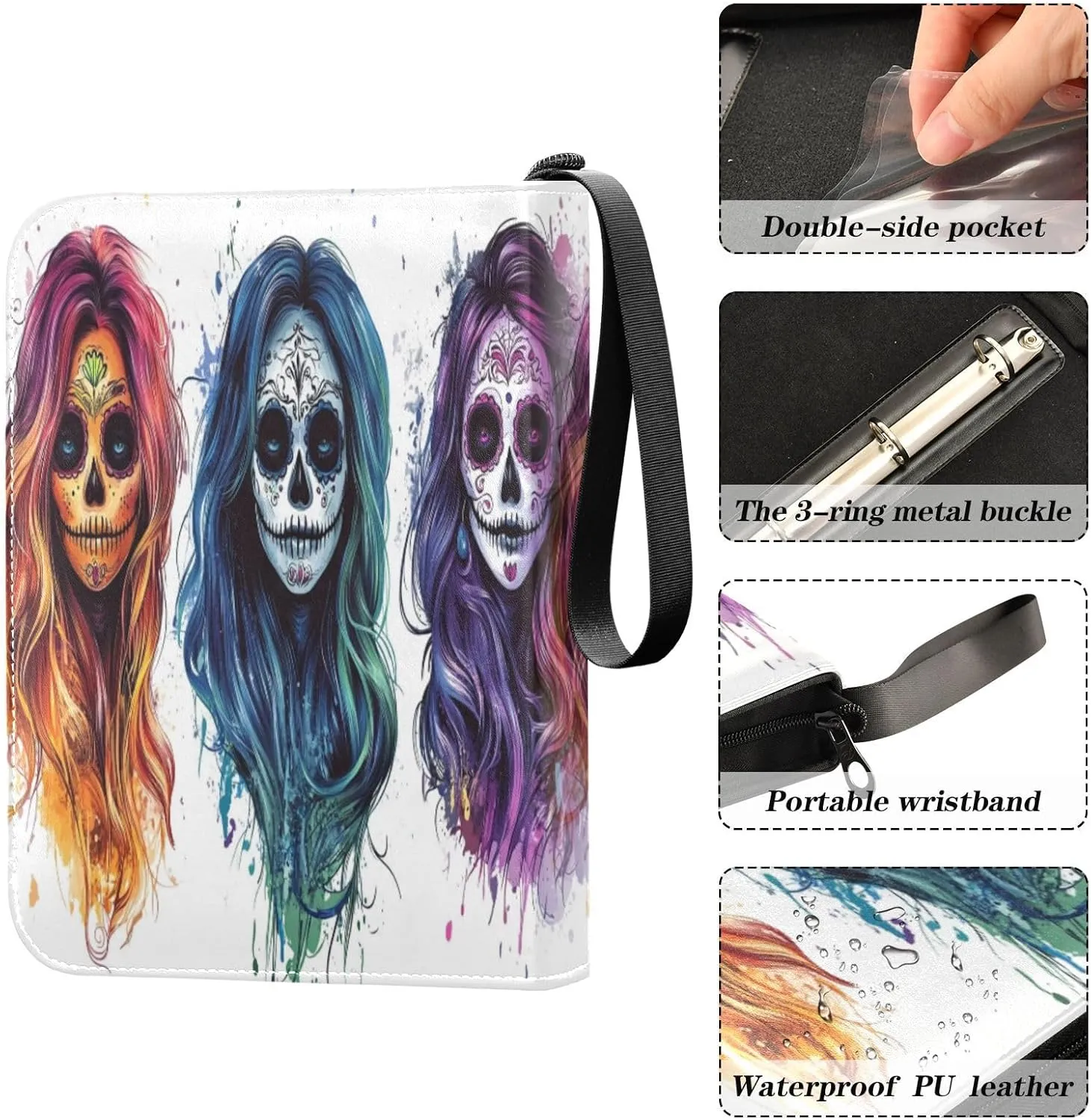 Colorful Skulls Small Card Binder 4-Pocket Collector Card Album Fits 400 Cards for Baseball Card, Football Card