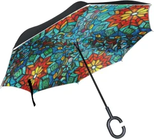 Colorful Stained Glass Reverse Inverted Inside Out Umbrella Cars Unigue Windproof UV Proof Double Layer for Women