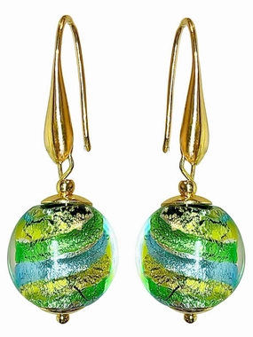 Colorful Murano Style Glass Earrings, Elegant Multicolor (Green Aqua Blue Gold) Murano Jewelry, Drop Dangle Earrings for Women Trendy, 18k Gold Plated (Vibrant Green)