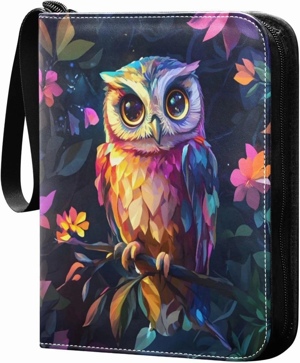 Colorful Owl Flowers Card Holder for Binder 4 Pocket Card Collectors Album Fits 400 Cards Card Binder Zipper