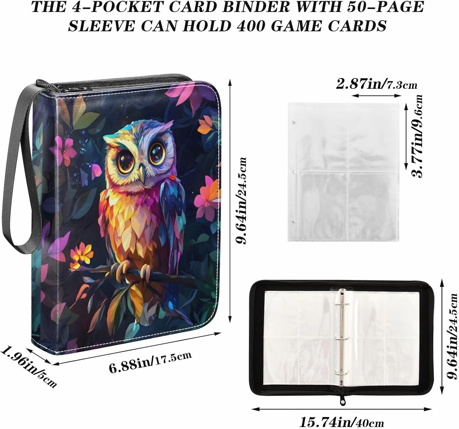 Colorful Owl Flowers Card Holder for Binder 4 Pocket Card Collectors Album Fits 400 Cards Card Binder Zipper