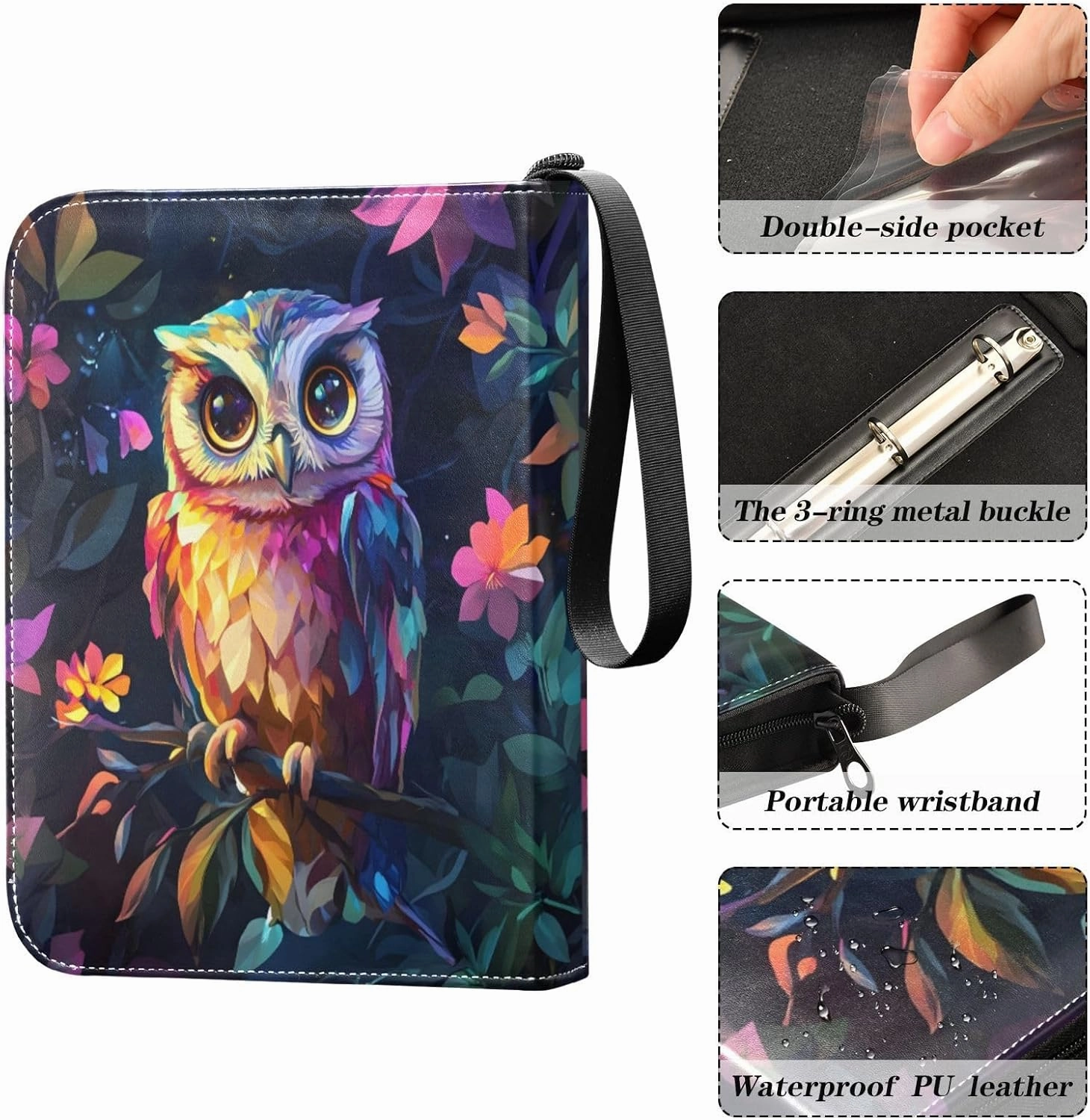 Colorful Owl Flowers Card Holder for Binder 4 Pocket Card Collectors Album Fits 400 Cards Card Binder Zipper