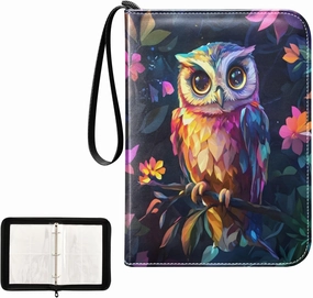 Colorful Owl Flowers Card Holder for Binder 4 Pocket Card Collectors Album Fits 400 Cards Card Binder Zipper