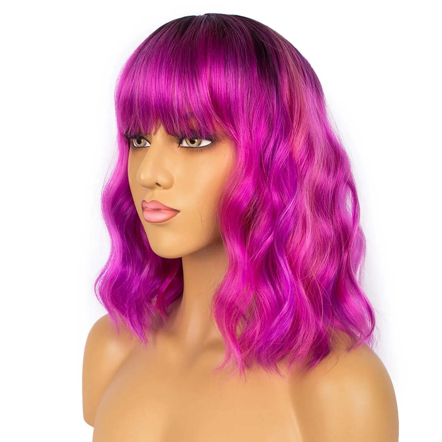 Colourful Short Bob Wigs with Bangs for Women Loose Wavy Wig Curly Wavy Shoulder Length Bob Synthetic Cosplay Wig for Girl Colorful Costume Wigs, Black-Rose mixed Purple