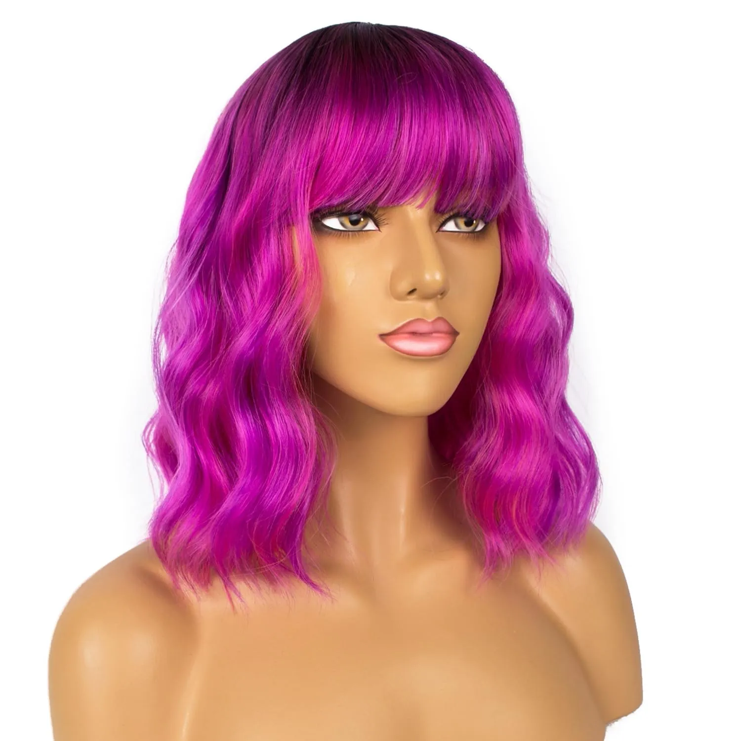 Colourful Short Bob Wigs with Bangs for Women Loose Wavy Wig Curly Wavy Shoulder Length Bob Synthetic Cosplay Wig for Girl Colorful Costume Wigs, Black-Rose mixed Purple