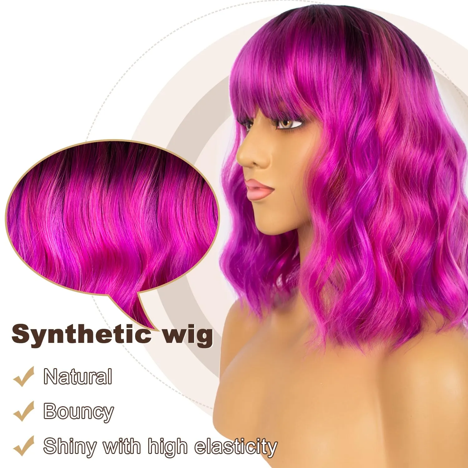 Colourful Short Bob Wigs with Bangs for Women Loose Wavy Wig Curly Wavy Shoulder Length Bob Synthetic Cosplay Wig for Girl Colorful Costume Wigs, Black-Rose mixed Purple