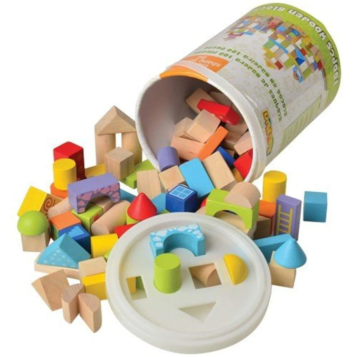 Constructive Playthings 100 pc. Stackers Mini Blocks with Sturdy Storage Container Complete with Shape Sorter Lid for Ages 12 Months and Up