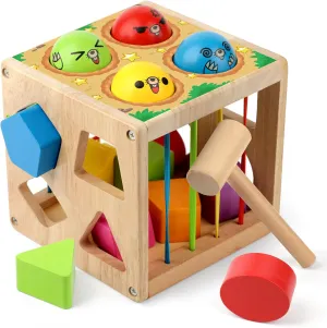 Coogam Wooden Montessori Toys for Toddlers, Shape Sorting Cube Whack Mole Fine Motor Skills Game for Year Old 18 Month  Baby Boys Girls Gift