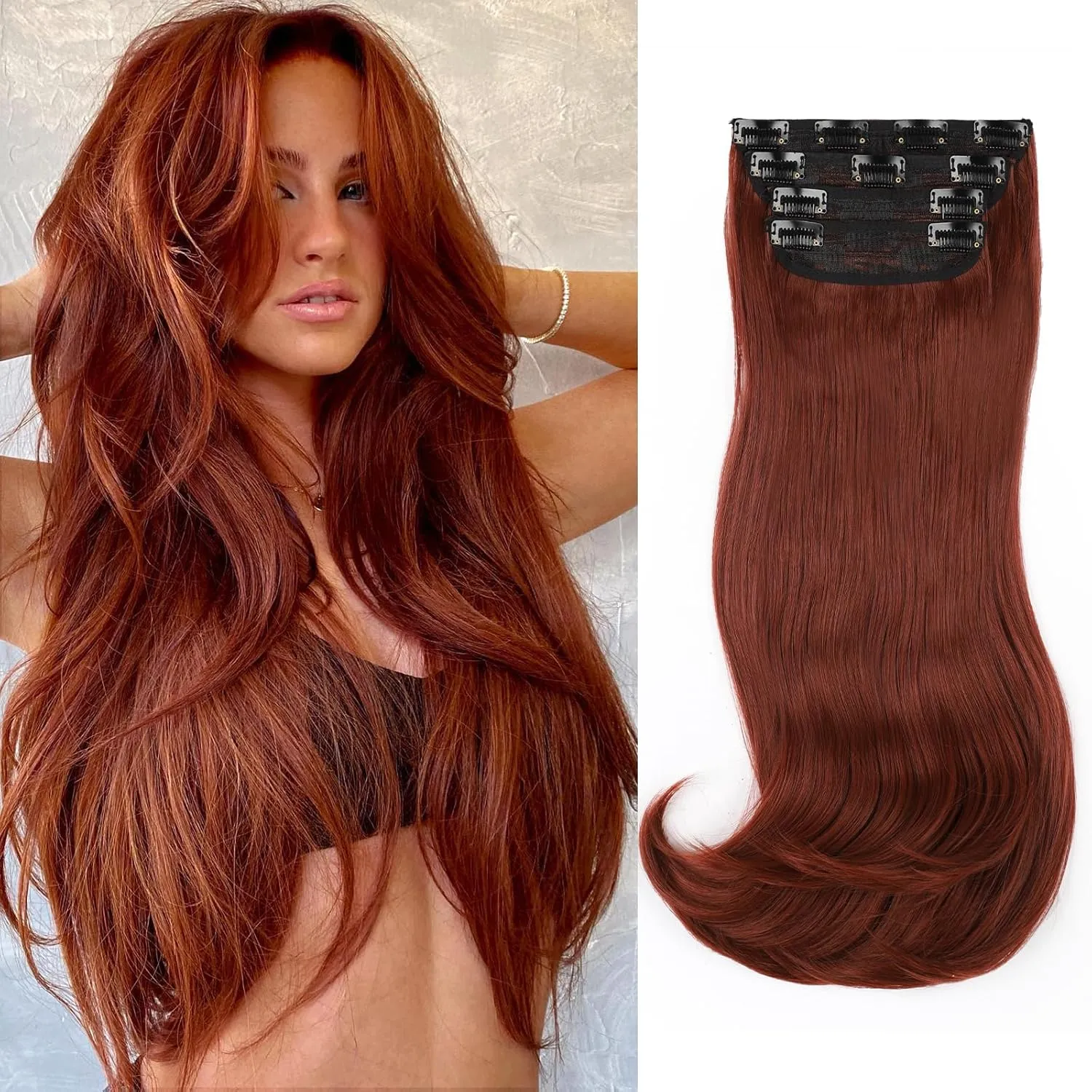 Copper Red Clip in Hair Extensions for Women Straight Layered Hair Extensions Synthetic Clip in Extensions Long Wavy Extension Daily Use 20 Inch