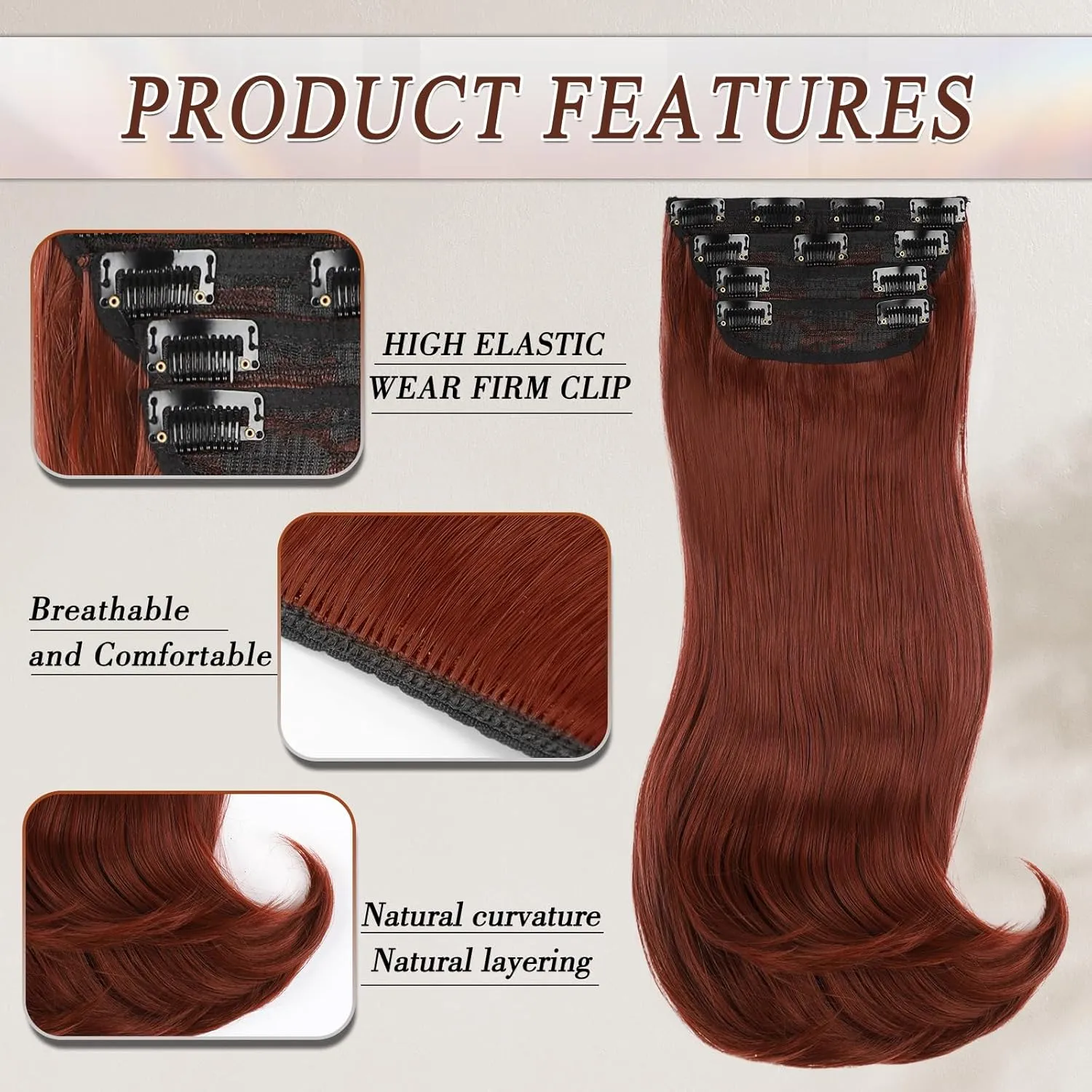 Copper Red Clip in Hair Extensions for Women Straight Layered Hair Extensions Synthetic Clip in Extensions Long Wavy Extension Daily Use 20 Inch