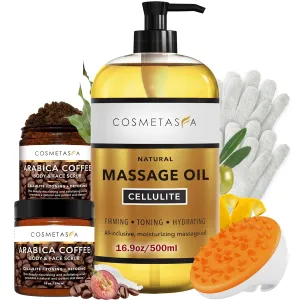 Cosmetasa Massage Oil Kit - Anti Cellulite Massage Oil with Organic Arabica Coffee Face & Body Scrub, Exfoliating Gloves, Massager Mitt - Body Massage Oil for Massage Therapy - Massage Oil Gift Set