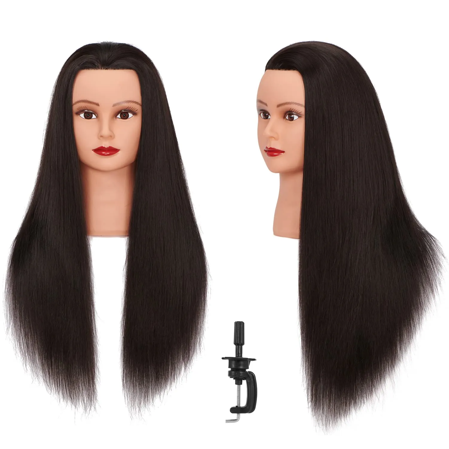 Cosmetology Mannequin Head Manikin Training Head 26-28'' Synthetic Fiber Hair Styling Practice Doll Head Hairdresser with Clamp Stand (Black B)