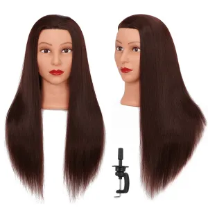 Cosmetology Mannequin Head Manikin Training Head 26-28'' Synthetic Fiber Hair Styling Practice Doll Head Hairdresser with Clamp Stand (Brown)