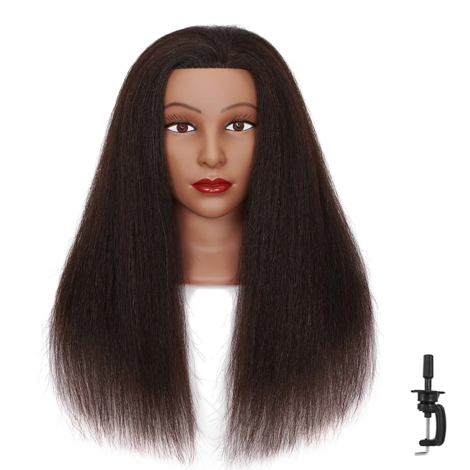 Cosmetology Mannequin Head Manikin Training Head 26-28'' Synthetic Fiber Hair Styling Practice Doll Head Hairdresser with Clamp Stand (Deep Black)