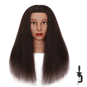 Cosmetology Mannequin Head Manikin Training Head 26-28'' Synthetic Fiber Hair Styling Practice Doll Head Hairdresser with Clamp Stand (Deep Black)