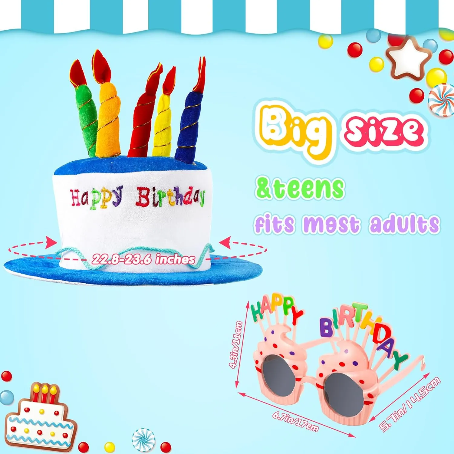 Coume 2 Plush Birthday Hats for Adults, 2 Sweet Cream Glasses, Party Novelty Decorations Happy Birthday Hats