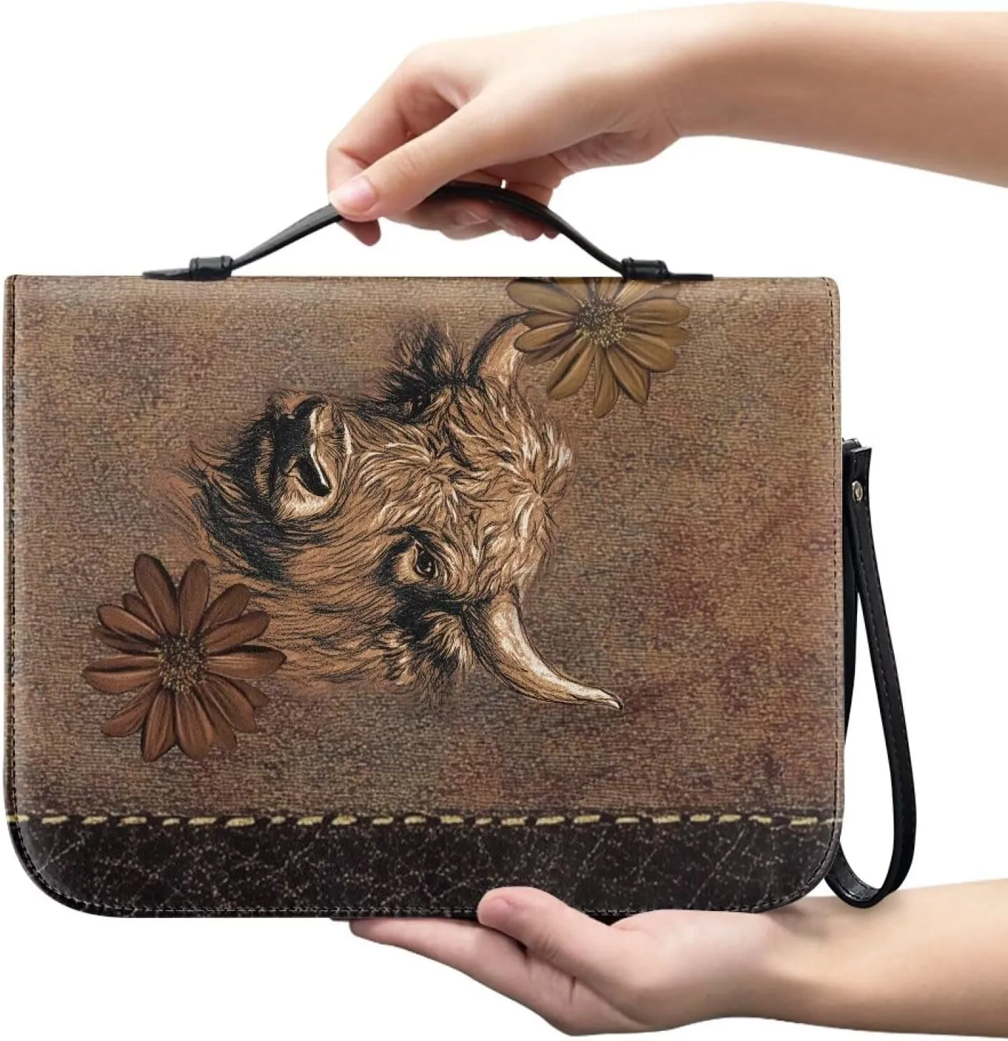 Cow Women Bible Cover for Men, Portable Leather Bible Holder with Handle Pockets Zipper Lightweight Christian Tote Bag for Worship Pilgrimage