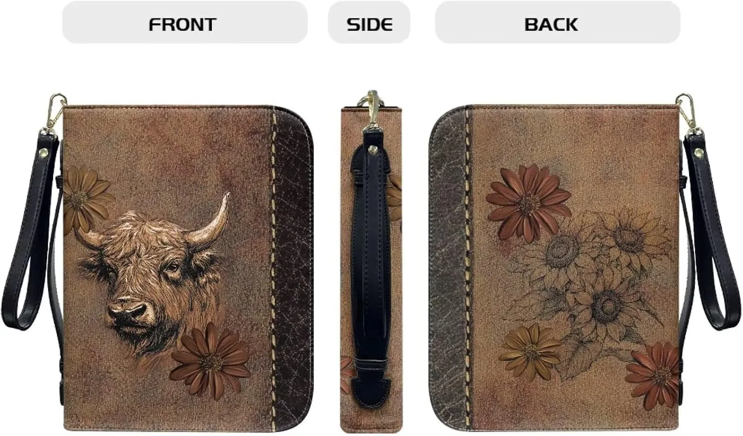 Cow Women Bible Cover for Men, Portable Leather Bible Holder with Handle Pockets Zipper Lightweight Christian Tote Bag for Worship Pilgrimage