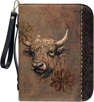 Cow Women Bible Cover for Men, Portable Leather Bible Holder with Handle Pockets Zipper Lightweight Christian Tote Bag for Worship Pilgrimage