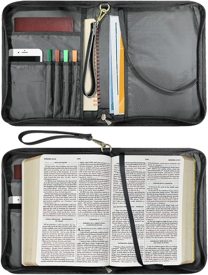 Cow Women Bible Cover for Men, Portable Leather Bible Holder with Handle Pockets Zipper Lightweight Christian Tote Bag for Worship Pilgrimage
