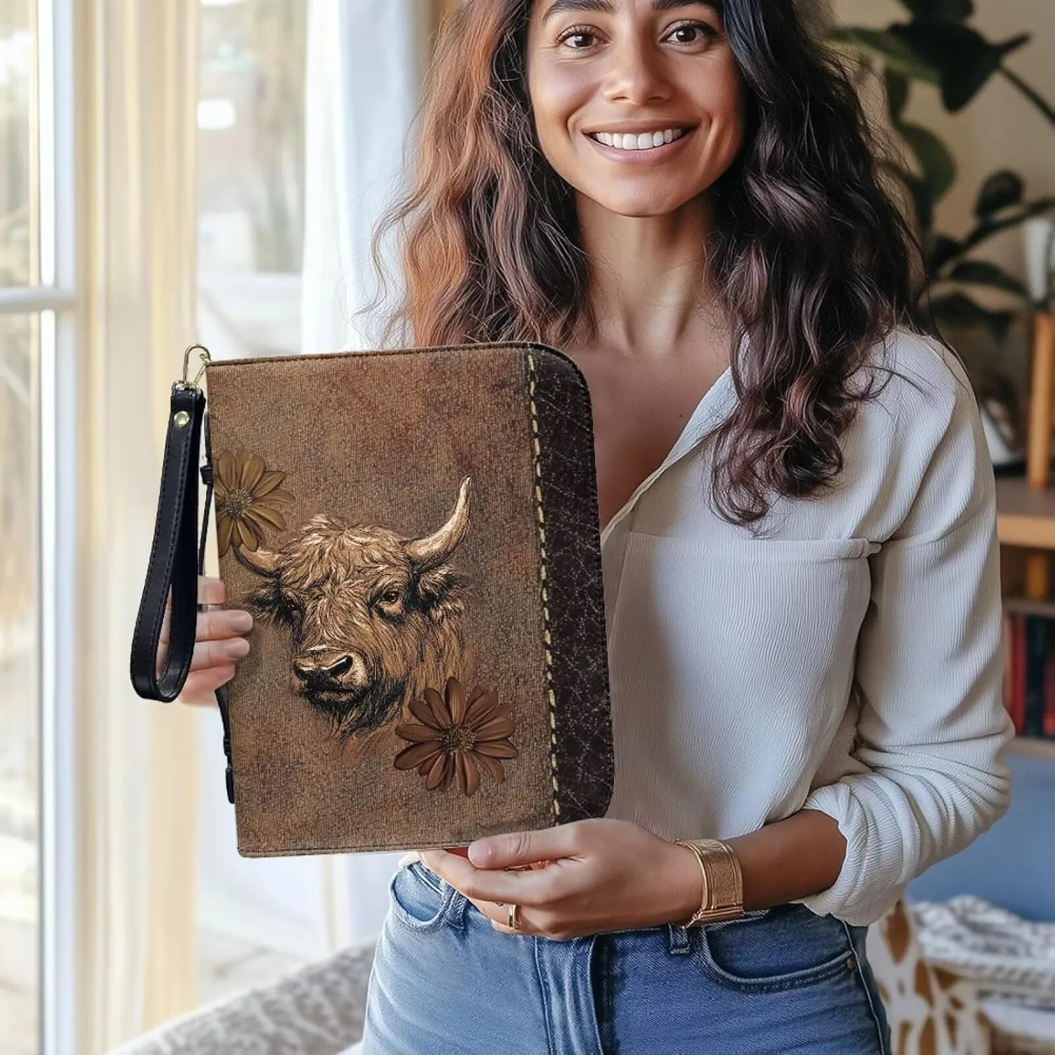 Cow Women Bible Cover for Men, Portable Leather Bible Holder with Handle Pockets Zipper Lightweight Christian Tote Bag for Worship Pilgrimage