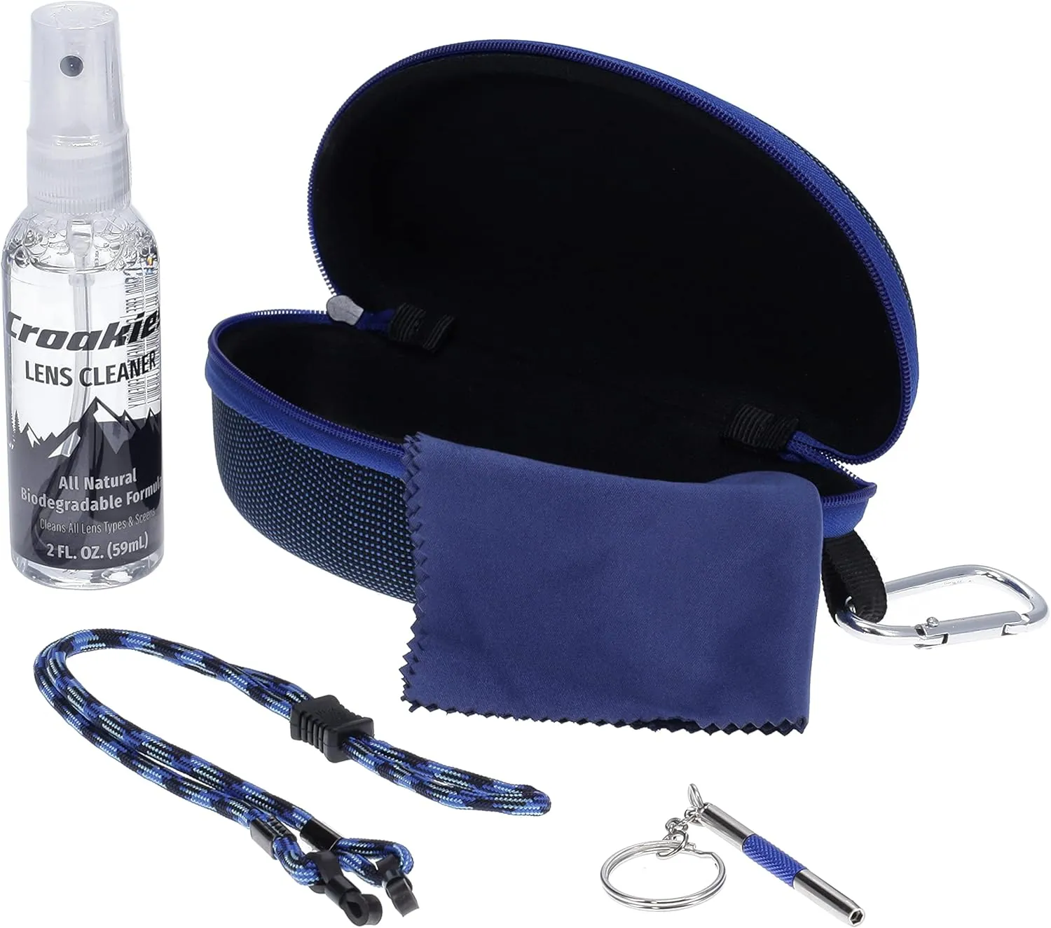 Croakies Eyewear Care Kit with 1(2oz) All Natural VOC Free Lens Cleaner   (1) Hard Case   (1) Microfiber Cloth   (1) Eyewear Retainer   (1) Repair Tool (Blue)