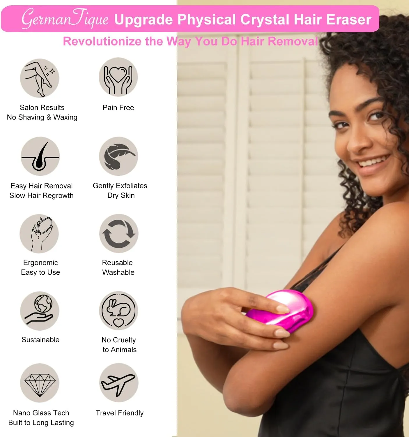 Crystal Hair Eraser,Natural Crystal Hair Remover,Reusable Painless Nano Glass Hair Removal Device Without Shaver,Gentle Crystal Epilator and Exfoliator for Soft Silky Skin(Hot Pink)
