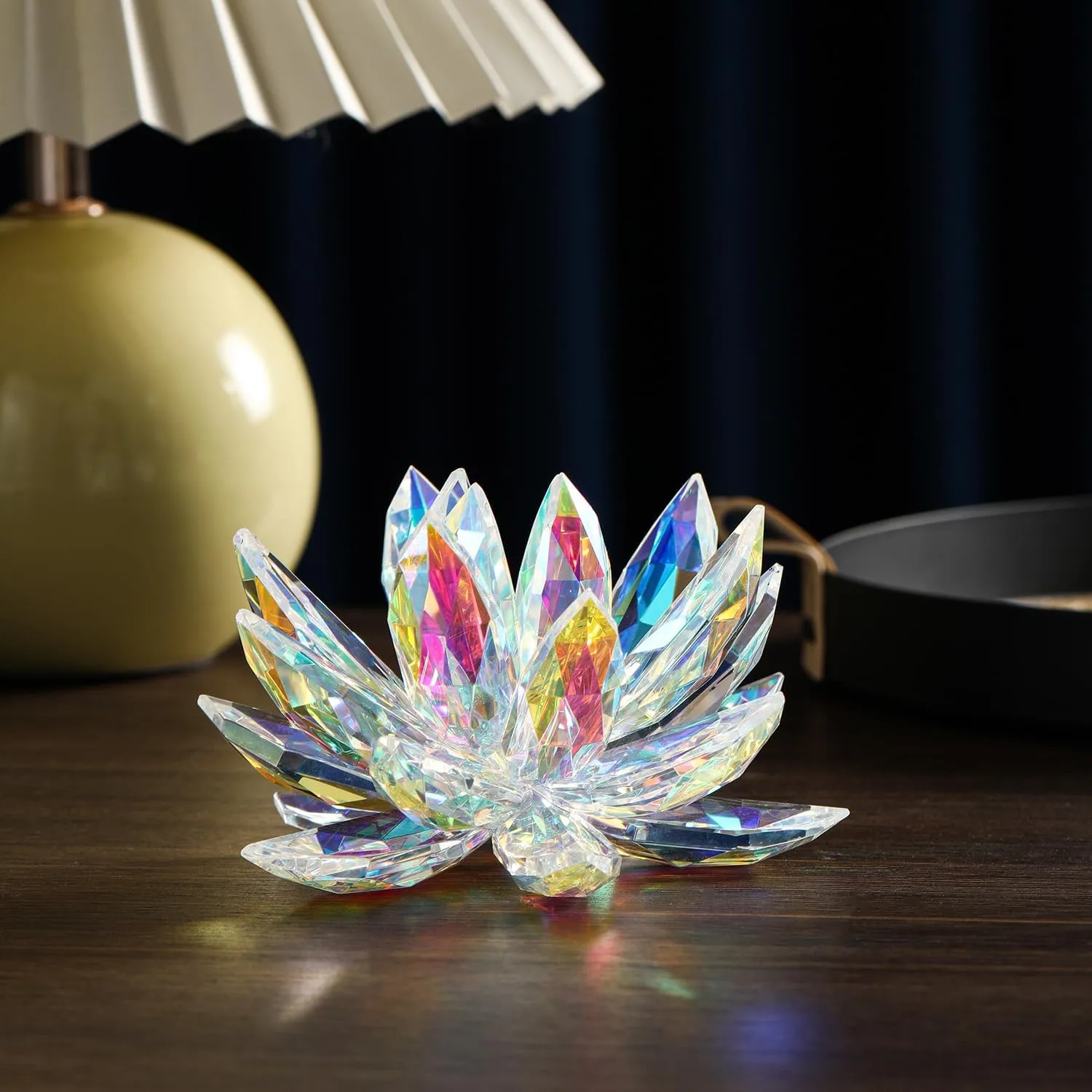 Crystal Lotus Glass Figurine Yoga Buddhism Healing Meditations Lotus Flower Gift Table Car Home Decor (Colorful)