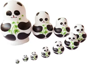 Cute Animal Panda with Bamboo Handmade Wooden Russian Nesting Dolls Matryoshka Dolls Set 10 Pieces for Kids Toy Home Decoration