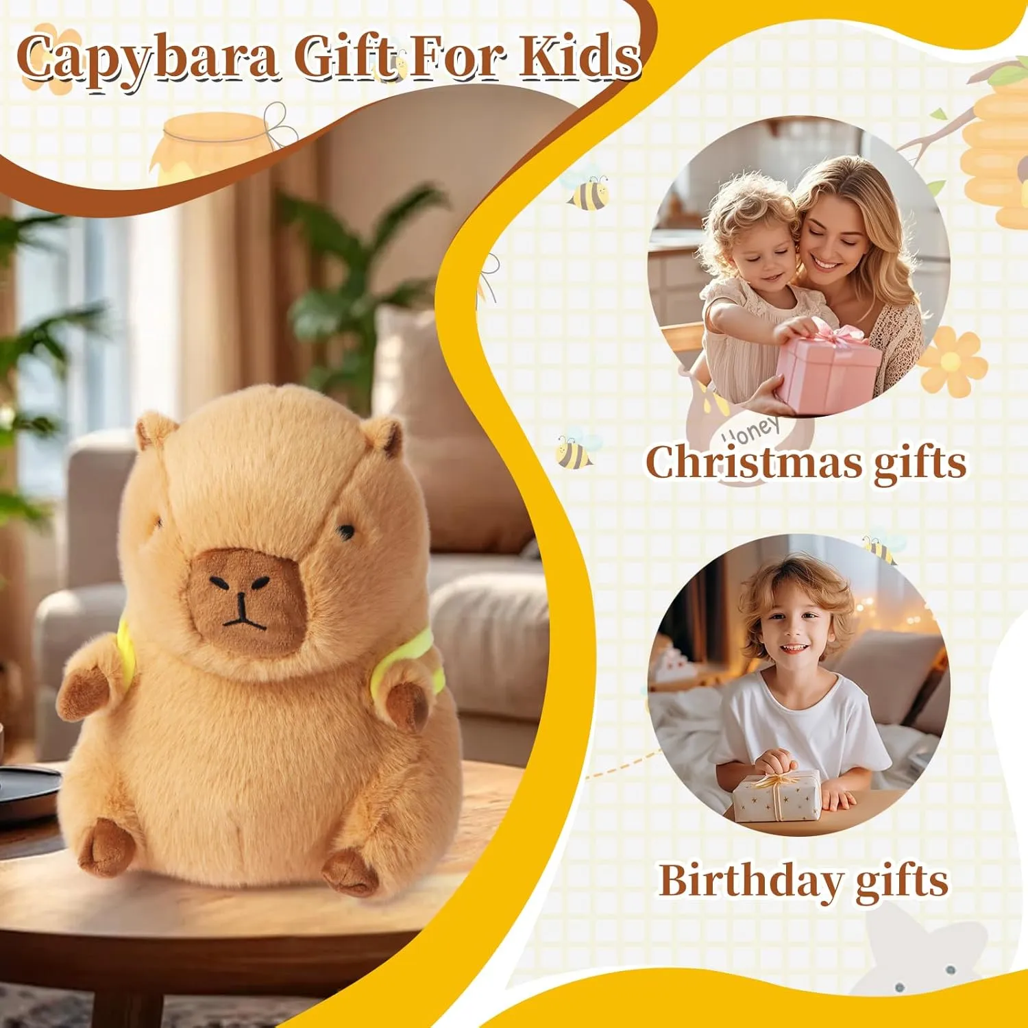 Cute Capybara Plush Soft Kawaii Capybara Plush Doll Pillow with Bee Backpack Capybara Stuffed Aniamls for Girls Kids Adults Birthdays Valentines Gift 12 inch