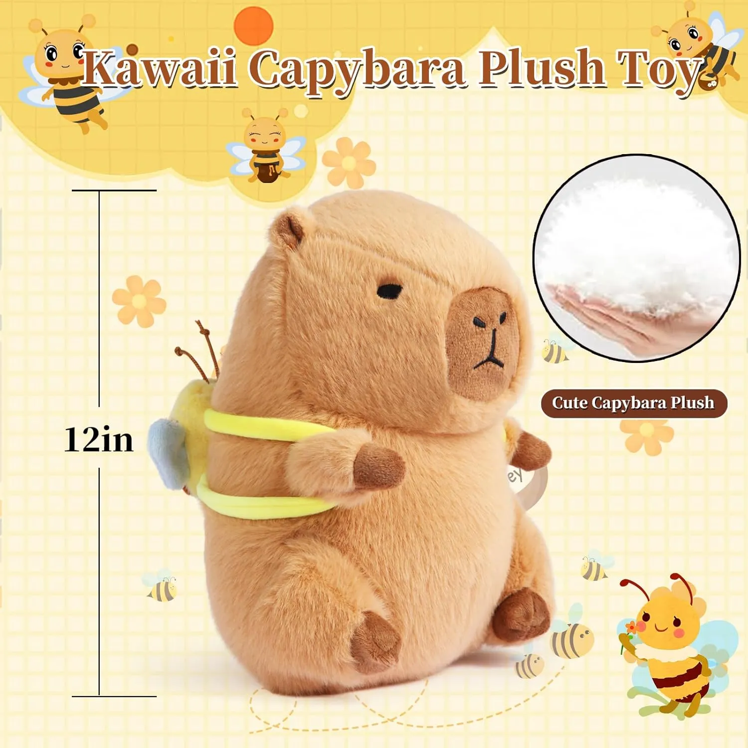 Cute Capybara Plush Soft Kawaii Capybara Plush Doll Pillow with Bee Backpack Capybara Stuffed Aniamls for Girls Kids Adults Birthdays Valentines Gift 12 inch