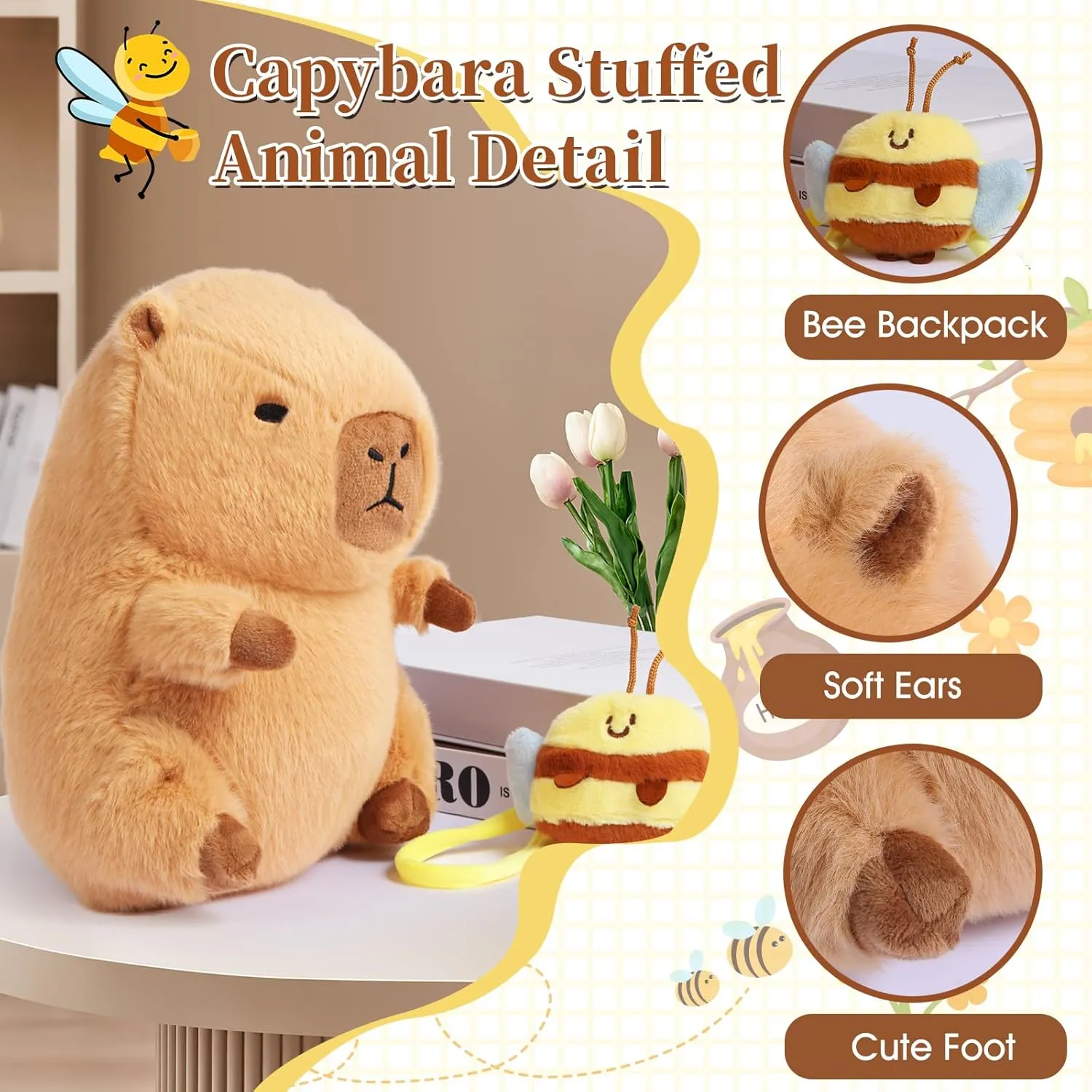 Cute Capybara Plush Soft Kawaii Capybara Plush Doll Pillow with Bee Backpack Capybara Stuffed Aniamls for Girls Kids Adults Birthdays Valentines Gift 12 inch