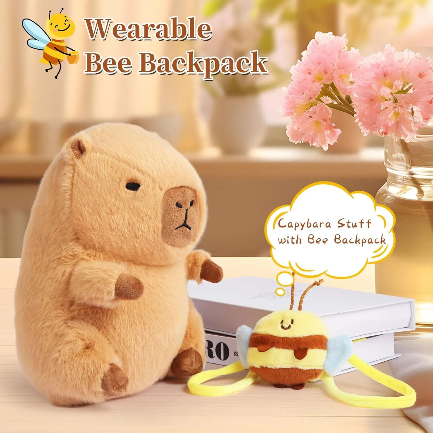 Cute Capybara Plush Soft Kawaii Capybara Plush Doll Pillow with Bee Backpack Capybara Stuffed Aniamls for Girls Kids Adults Birthdays Valentines Gift 12 inch