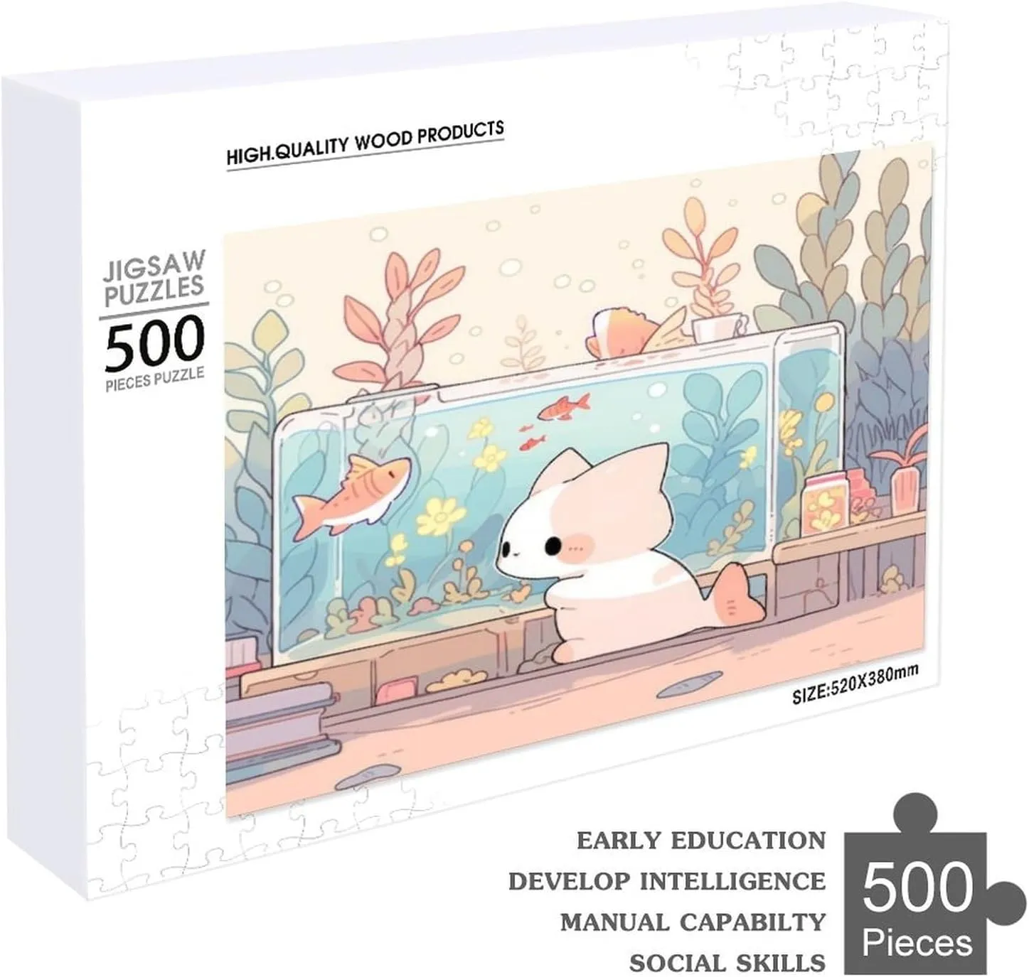 Cute Cat and Fish 500 Piece Puzzle Children Elderly Puzzle Gift for Mom Dad Family Friend Family Activity Games Home Decor Wall Art Decor