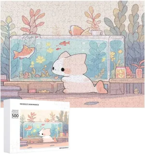 Cute Cat and Fish 500 Piece Puzzle Children Elderly Puzzle Gift for Mom Dad Family Friend Family Activity Games Home Decor Wall Art Decor