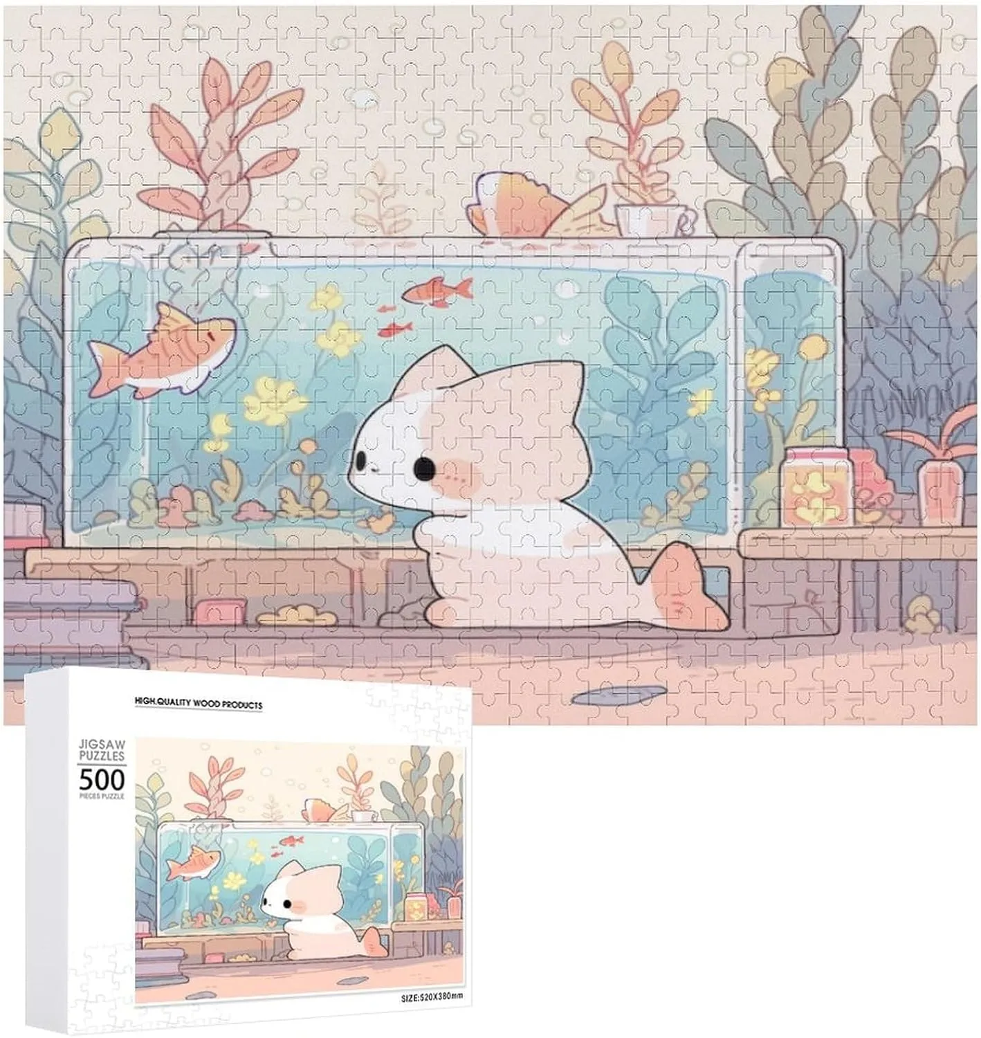 Cute Cat and Fish 500 Piece Puzzle Children Elderly Puzzle Gift for Mom Dad Family Friend Family Activity Games Home Decor Wall Art Decor