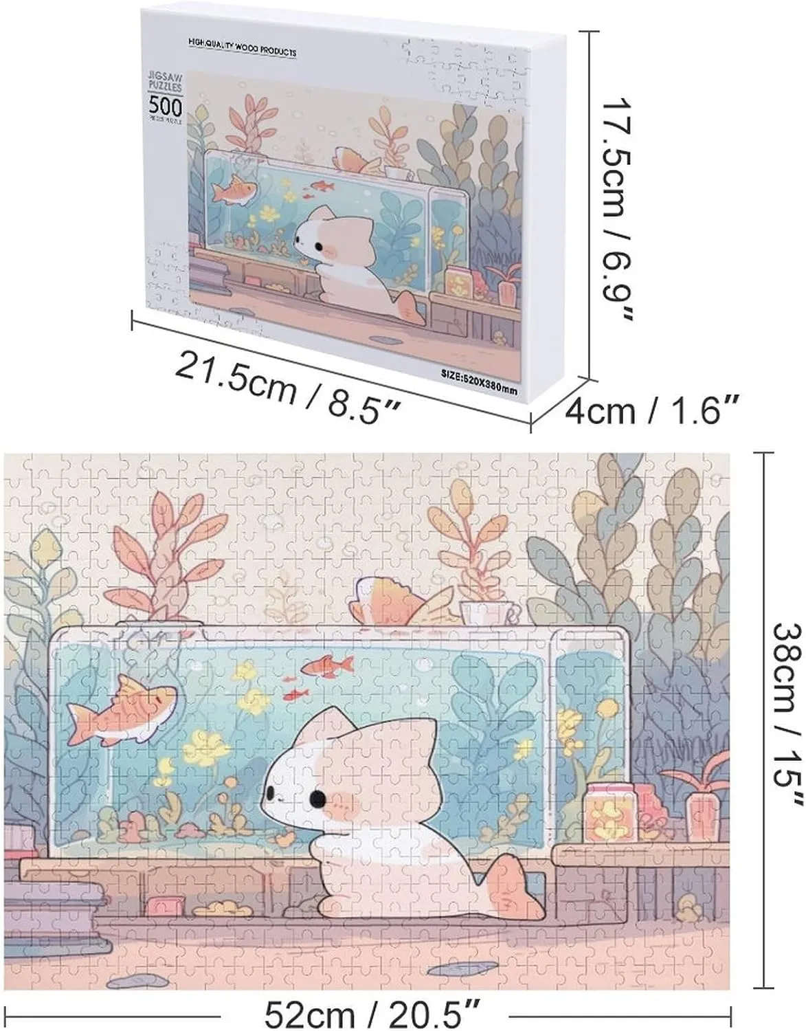 Cute Cat and Fish 500 Piece Puzzle Children Elderly Puzzle Gift for Mom Dad Family Friend Family Activity Games Home Decor Wall Art Decor